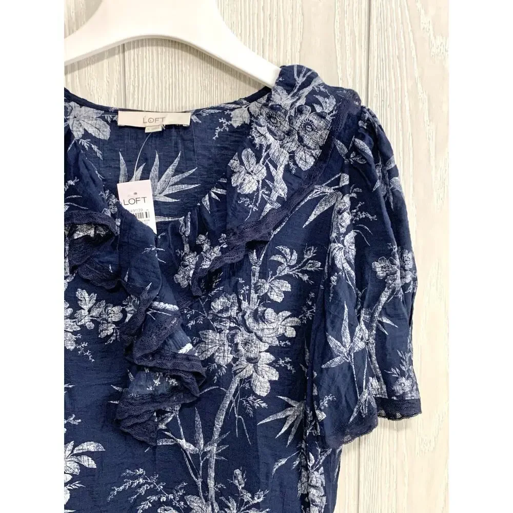 LOFT Blue Floral V-Neck Ruffle Short Sleeve Top Small NWT
